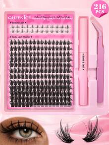 Queenice DIY False Eyelashes Cluster Set, 216PCS Spiky Manga & Bottom Lashes, Natural Wispy Fluffy Volume Lash Extensions, Bond & Seal Pen With Applicator Tweezers, Lightweight Reusable Individual Lash Clusters, Easy DIY Salon Effect Eye Makeup Kit, Pink Case - Black - View 7