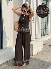 Women's Casual 2-Piece Set Consisting Of A Single-Row Floral Print Vest And Pants - 全穀類咖啡 - 查看 10