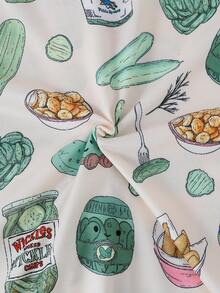 2pcs/Set Girls Cute Casual Cucumber Print Lapel Short Sleeve Cardigan And Shorts Pajama Set Flame Retardant All Season Toddler - Multicolor - View 6