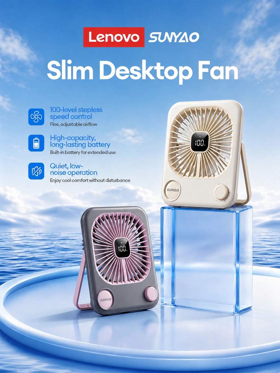 Lenovo SUNYAO FS002 Ultra-Thin Desktop Circulation Mini Fan, 100-Speed Stepless Adjustment, 1200mAh Large Capacity Long Battery Life, LED Digital Battery Display, 40dB Deep Sea Quiet Low Noise, Foldable Stand Lightweight Portable Body, Mini Desktop Cooling Fan For Office, Study, Bedroom, Sleep, Home Use - View 1
