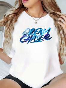 1 pieza de camiseta casual para mujer Dream Chaser, 100% algodón, 180g, estampado digital gráfico, corte holgado, manga corta, camiseta de verano para damas, tops de moda. - Blanco - Ver 1