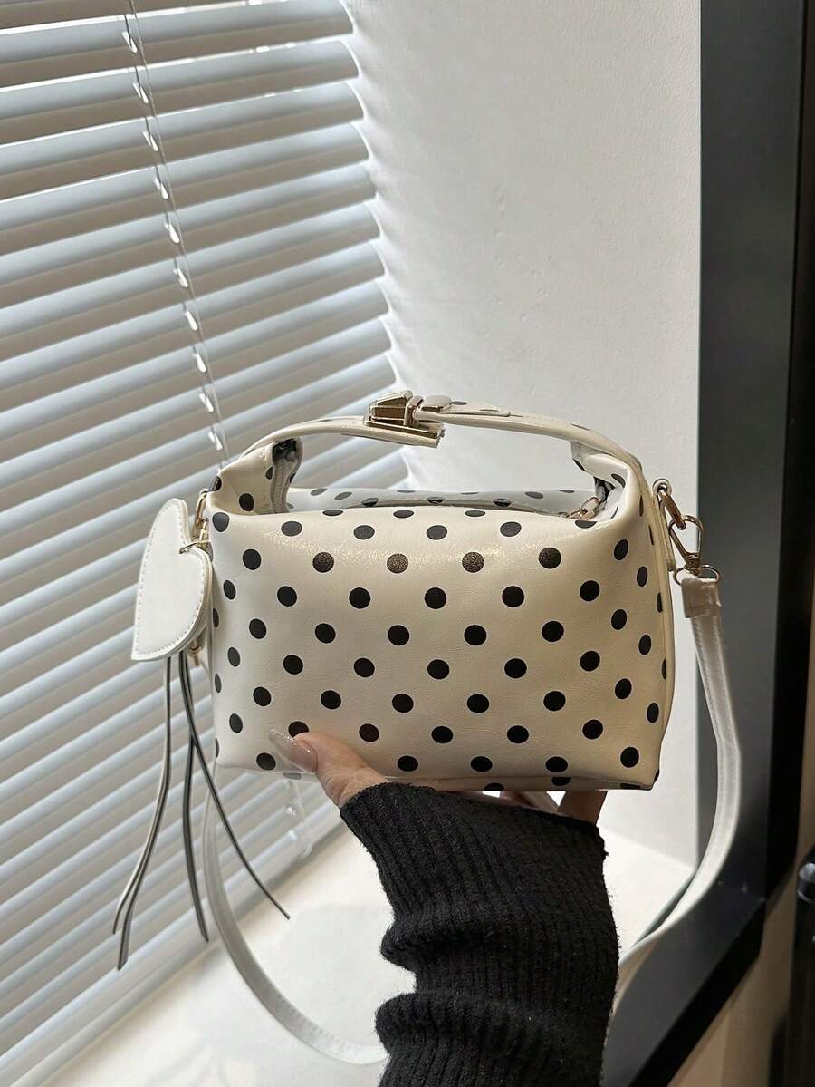 1 Piece Small Polka Dot Print Box Bag, Adjustable PU Zipper Crossbody Bag, Heart-Shaped Tassel Decoration, Fashionable Handbag For Daily Use, Date - 米色 - 查看 1