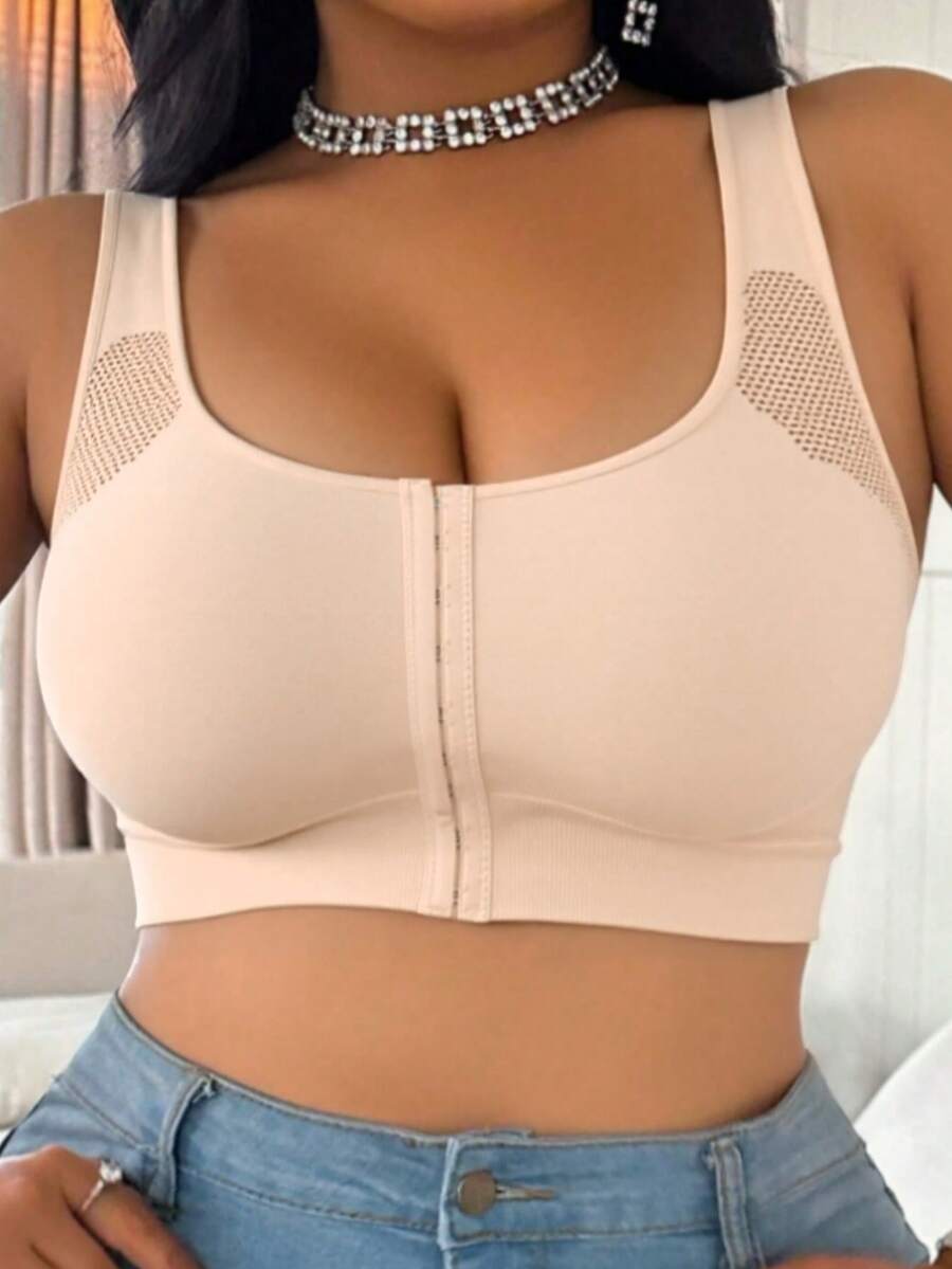 Curve Plus Size Medium Support Wireless Bra, Front Closure Mesh Racerback Seamless Lingerie, Built-In Padding, Everyday Sports Bra - Apricot - View 1