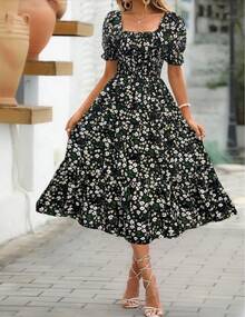 Women's Printed Dress With Square Neck, Fitted Waist And Layered Puff Sleeves, In A Sweet Style. - 黑色 - 查看 2