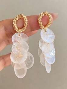 1對紋理貝殼圓盤流蘇耳環，極簡波希米亞風女款飾品，適合派對、度假與日常配戴 - 金色 - 查看 6
