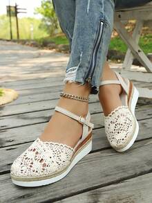 2026 Sommer Neue Stroh Geflochten Spitze Cut Out Dicke Sohle Keilabsatz Sandalen, geeignet für tägliches Tragen, Pendeln, Party, Urlaub, vielseitiger Stil - Beige - Übersicht 2