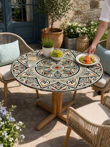 1pc-Elastic Fitted Spandex Tablecloth, Mediterranean Tile Stretch Table Cover With Blue Orange Mandala Print, Wrinkle Resistant Soft Tablecloth For Round And Rectangular Tables, Patio Dining And Outdoor Party Decor - Multicolor - View 12