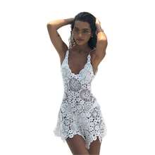 Vestido de verano de color sólido, estilo europeo y americano, femenino, con encaje calado de ganchillo, ideal como cubierta de playa. - Caqui - Ver 5