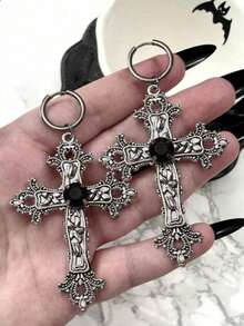 2pcs/Set Gothic Large Silver Rhinestone Cross Earrings, Paired With Black Punk Rock Halloween Accessories - Multicolor - View 1
