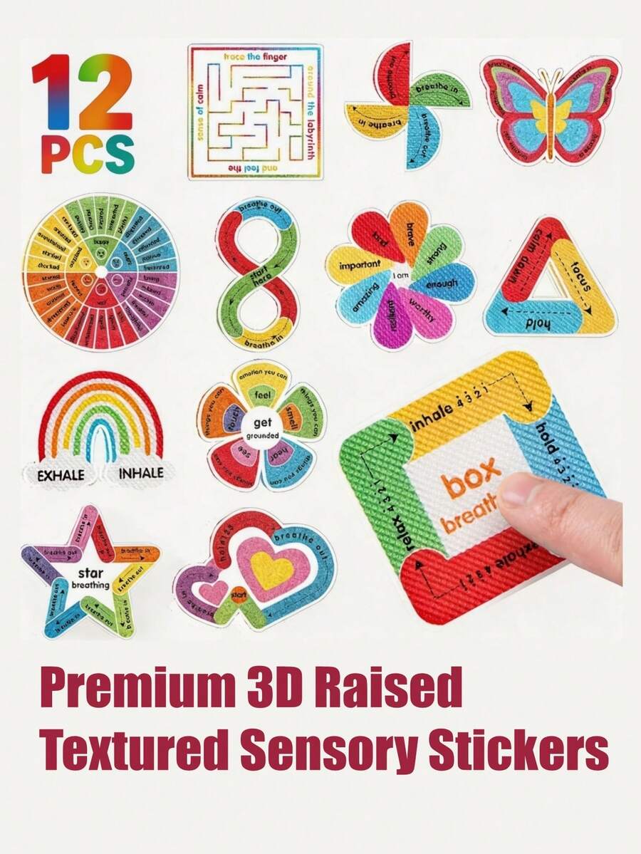 ‌Calm Strips Anxiety Sensory Stickers‌,Fidget Textured Strips‌,Textured Sensory Stress Relief Stickers, Stress Relief Tactile Stickers‌, Sensory Calm Adhesive Strips,Waterproof Raised Texture Decals For Phone Laptop Water Bottle - 1 Sheet (12 Pieces) - View 1