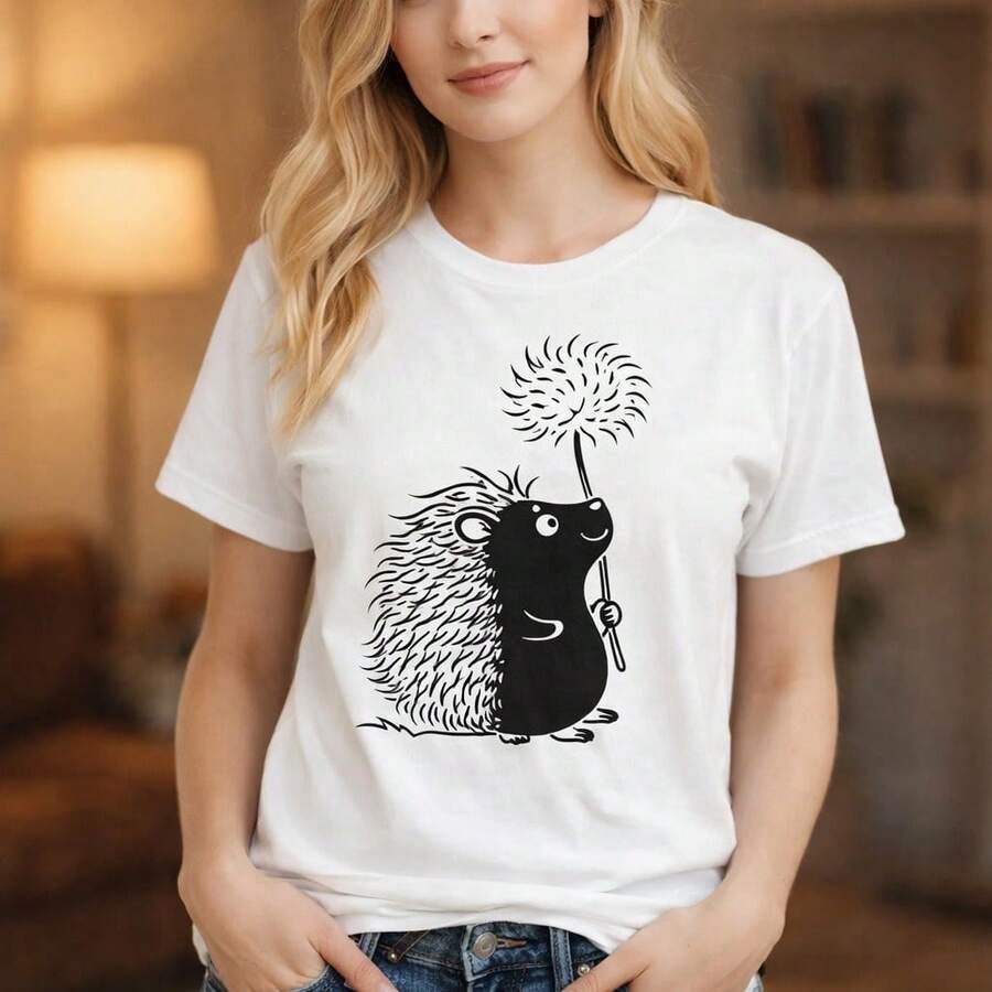 Women's Cotton T-Shirt With A Hedgehog Print On The Side And A Dandelion In White Outline, Versatile For A Sweet, Woodland Everyday Look. - 白色 - 查看 1