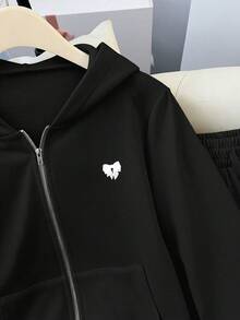 Youth Girl Bow Pattern Embroidered Zip-Up Hoodie And Pants - Black - View 4