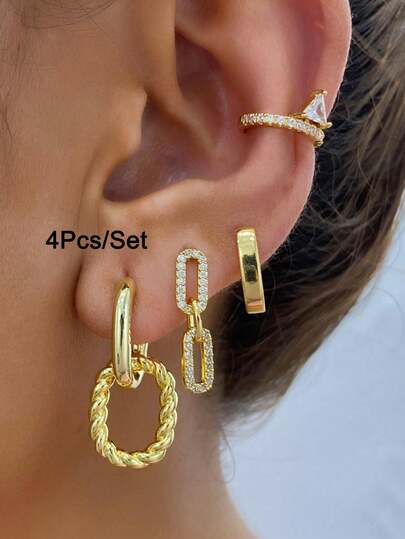 4pcs Minimalist Fashion Geometric Chain Twisted Triangle Rhinestone Copper Zirconia Gold Women's Earrings Set, Suitable For Street, Banquet, Date, Party, Vacation And All Occasions