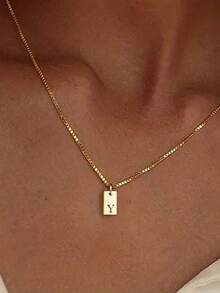 1pc Fashionable Stainless Steel Rectangular 26 Letter Pendant Necklace For Women, Suitable For Daily Wear, Birthday Gift - Yellow Gold - View 21