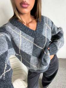 FOR BEAUTY Fall Winter Women Sweaters Grey Argyle Knit Sweater Oversized V Neck Long Sleeve Pullover Tops Chic Y2K Aesthetic Basic Vacation Going Out - Multicolor - View 4