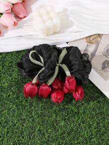 1 Peça Garra de Cabelo Floral Tulipa em Chiffon e Tule Grande, Design de Flor de Tecido Plissado Macio, Perfeito para Looks de Festival, Fim de Semana na Praia e Verão Branco - Multicolorido - Visão 6