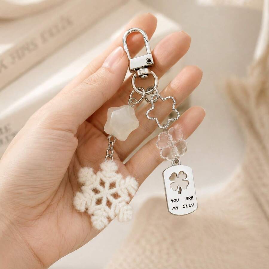 1pc Women's Flocked Snowflake Pendant Transparent Four-Leaf Clover Beaded Alloy Hollow Four-Leaf Clover Charm Keychain Bag Pendant - White - View 1