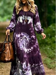 Gaun Malam Formal Wanita Ukuran Besar dengan Leher Bulat dan Lengan Panjang, Motif Tie-Dye - Purple - View 1