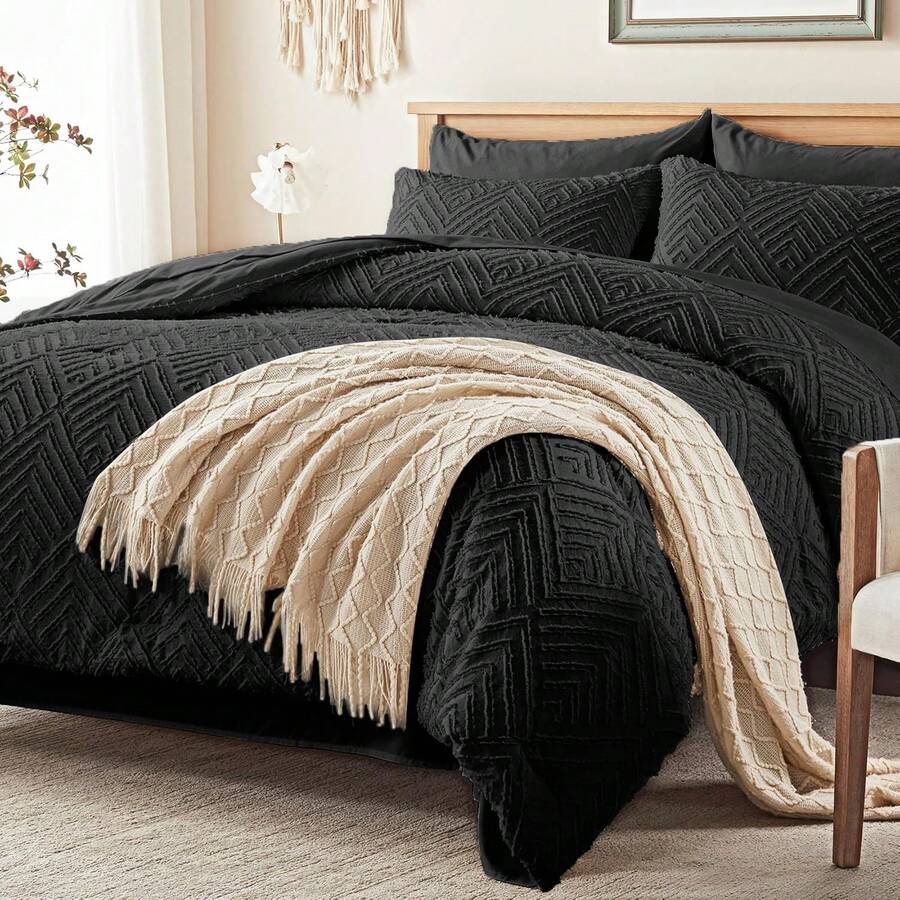 Zzlpp - 7 Piece Complete Duvet Set, Cream Tufted Bed In A Bag With Duvet And Sheets, All Season Boho Bedding Set With 1 Duvet, 2 Decorative Pillowcases, 2 - 黑色 - 查看 1