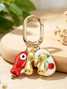 Spring Buckle Keychain, Letter Fish Cherry Keyring, Letter Bag Accessory, Metal Letter Pendant, 3D Puffy Gold Letter Bag Charm, Initial Bag Decoration, Letter Key Accessory, Fruit Theme Keychain, Beach Vacation Bag Charm, Daily Handbag Decoration, Gift Letter Keychain, Suitable For Women's Wallet, Bag, Car Accessory, Bag Charm, Campus Style Cute Gothic Y2K Style, Can Be Used As Mother's Day, Graduation Season, Teacher's Day Gift - Multicolor - View 2
