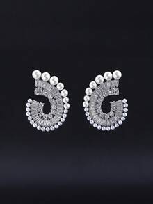 1 paire de boucles d'oreilles pendantes de luxe géométriques avec CZ 5A & perles fausses, monture en cuivre, pour mariage & robes de soirée, fêtes - Superbes boucles d'oreilles - Voir 11