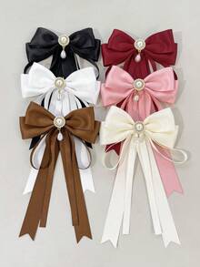 1pc Women's Minimalist Fashion Elegant Solid Color Girl Style Double Layer Ribbon Faux Pearl Bow Tie Neck Accessory, Suitable For Shirts, Important Occasions, Evening Parties, Gatherings, Any Scene, Gift For Best Friend - Multicolor - View 14
