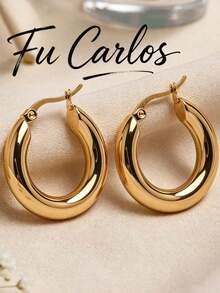 1 Par de Brincos de Argola Redonda Grossa - Brincos Femininos de Estilo Luxo da Moda, Adequados para Festas, Encontros e Uso no Trabalho. Brincos Femininos, Brincos Dourados, Brincos de Verão, Brincos de Aço Inoxidável, Brincos Elegantes, Brincos Pendentes. Estilo Luxo da Moda, Adequado para Mulheres Usarem, Aplicável para Festas, Encontros e Ocasiões de Trabalho em Escritório - Dourado - Visão 3