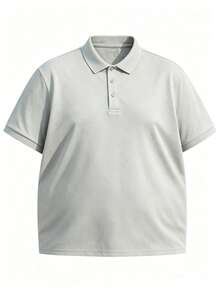 Men's Plus Size Solid Color Short Sleeved Polo Shirt, Button Up Half Open Top, Soft And Breathable Loose Casual Business Golf T-Shirt - Light Grey - View 3