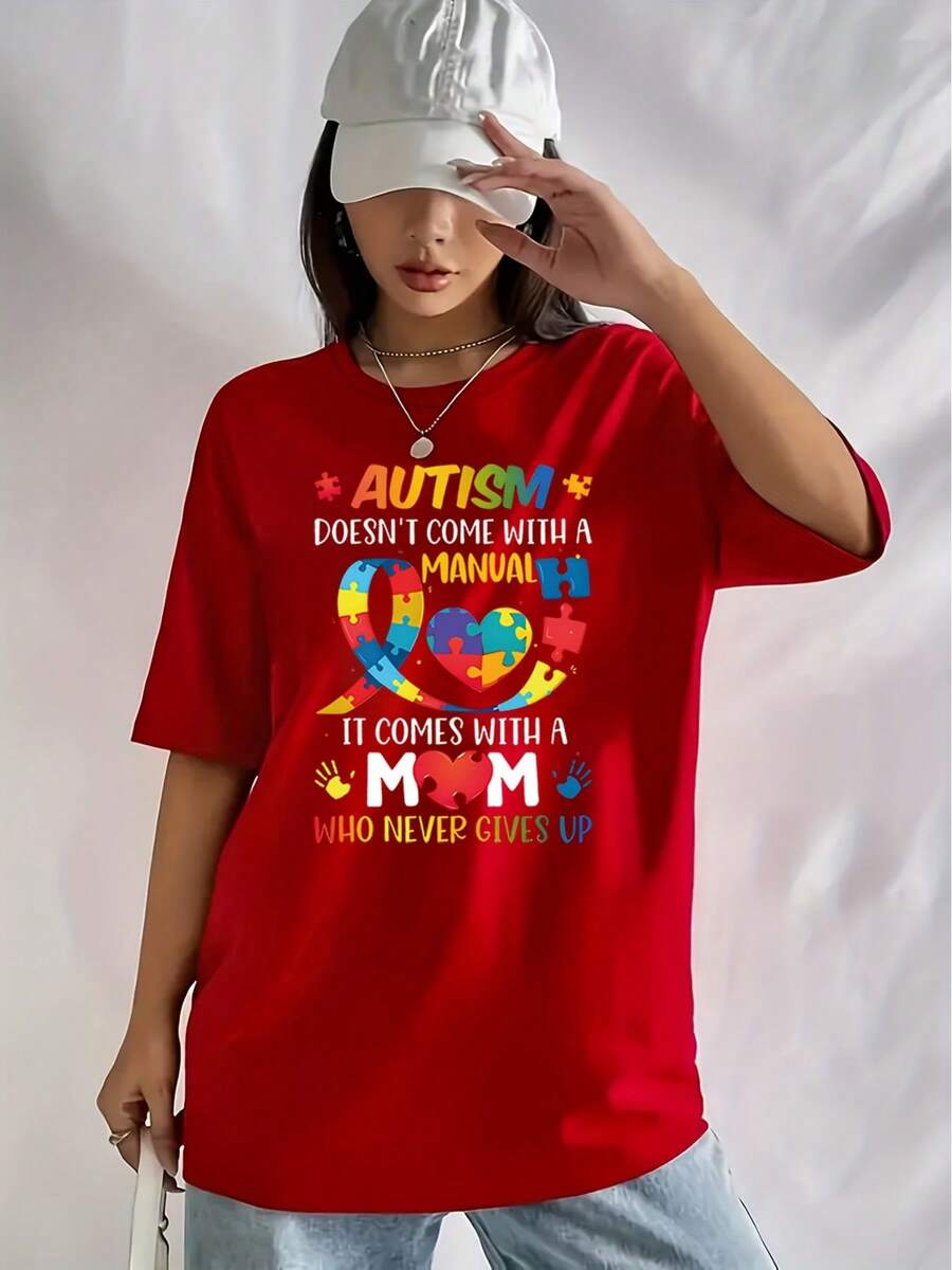 [Family Love] Autism Awareness T-Shirt For Moms - Design With The Phrase "Autism Doesn't Have An Instruction Manual, It Has A Mom Who Never Gives Up", Casual Crew Neck, Short Sleeves - 紅色 - 查看 1