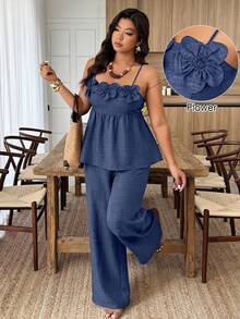 Weeklong Conjunto informal de top de tirantes con cintura ceñida y decoración floral 3D, y pantalones para mujer talla grande, ideal para primavera/verano - Multicolor 3 - Ver 13