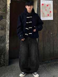 DAZY 1件 Justice Brother 休闲拼接宽松筒状牛仔裤，做旧水洗，男士街头风长裤（不含腰带和配饰） - 黑色 - 查看 5