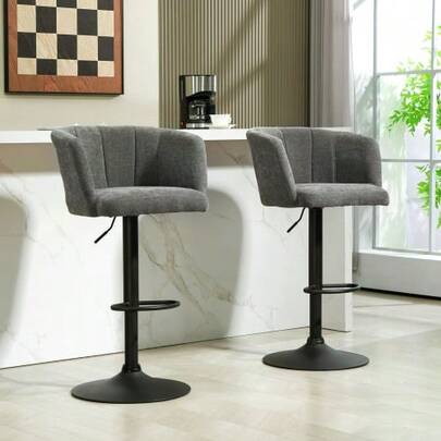 Set Of 2 Bar Stools, Bistro Stools With Footrest, Swivel Bar Chair, Height Adjustable Kitchen Stools With Linen Cover, For Living Room Or Dining Room, Dark Grey.