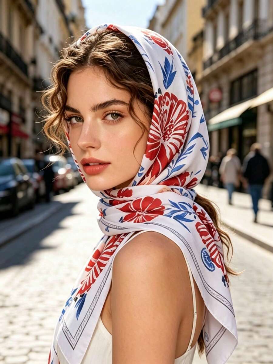 Women's Silk Texture Square Scarf, 27.5 Inch Floral Print Headscarf, Multi-Purpose Neck/Hair Accessory, Daily & Travel Fashion Accessory - Blue - View 1