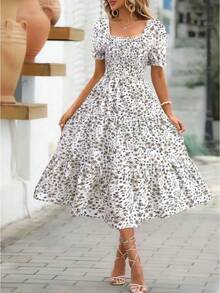 Women's Printed Dress With Square Neck, Fitted Waist And Layered Puff Sleeves, In A Sweet Style. - 白色 - 查看 2