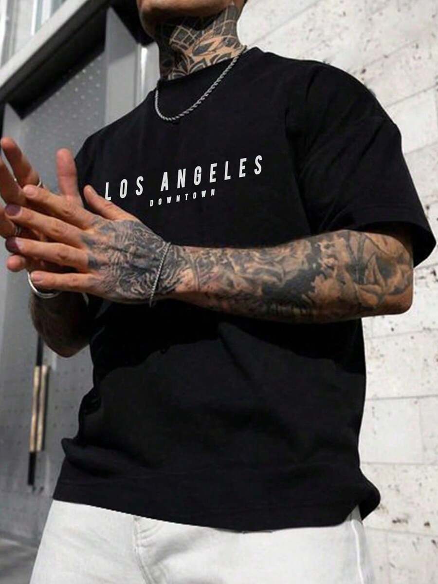 Camiseta de hombre con estampado de letras, estilo emo, camisetas hombre verano de los años 2000 - Negro - Ver 1
