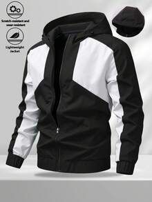 Men's Spring/Autumn Multi-Scenario Versatile Casual Sports Jacket, Functional Style Color-Block Outdoor Lightweight Durable Hooded Jacket, Geometric Patchwork Design With Adjustable Drawstring Hood, Smooth Zipper Closure - Black - View 2