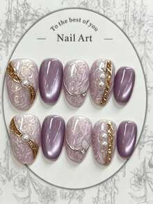 qihangxin 10pcs Handmade Short Press-On Nails, Purple Cat Eye, Artisan Hand-Painted Pattern, Exquisite Silver Decor With Rhinestones, Double Row Pearl Gold Trim, Purple Oval Nails, Autumn Manicure, Comes With Tool Kit, Suitable For Daily Wear And Holiday Gifts - Violet Purple - View 3
