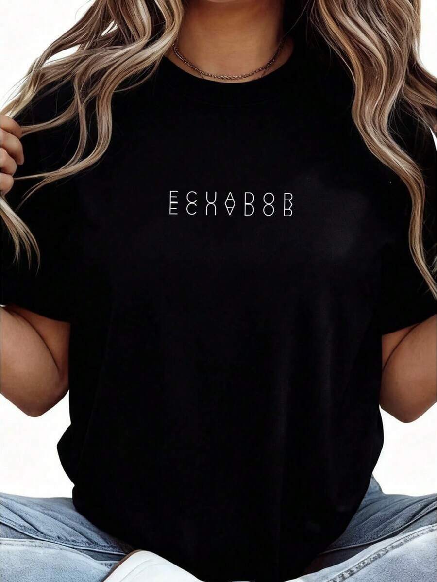 Camiseta de manga corta para  con estampado de letras geométricas minimalistas tela de algodón cuello redondo transpirable suave estilo casual primavera verano uso diario - Negro - Ver 1
