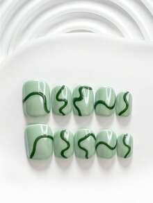 10件組極簡手工穿戴甲，Polygel美甲套組，線條圖案，綠色指甲油，清新夏季風，含美甲工具，3種尺寸可選，方型、短方型、杏仁型，適合派對、跳舞、日常配戴 - 彩色 - 查看 20