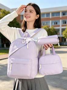 1 Set Back To School Backpack Set - Solid Color Large Capacity Backpack + Lunch Bag + Pencil Case Multi-Piece Set, With Laptop Compartment, Durable Nylon Backpack, With Adjustable Shoulder Straps And Spacious Multi-Pockets - Lightweight Portable Zipper Bag, Suitable For Students/Teenagers/Graduates, Perfect For Outdoor/Travel/Middle School/High School/College, College Essential School Bag - Multicolor - View 1