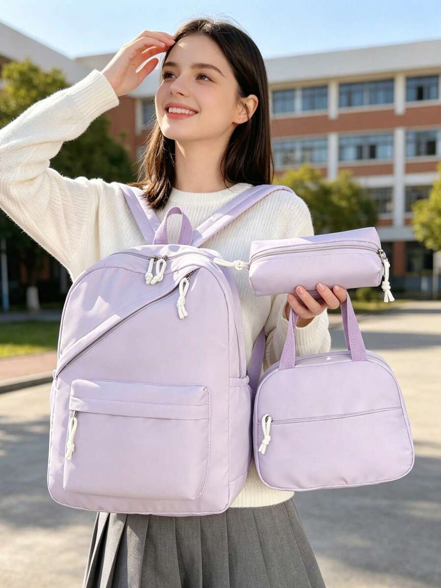 1 Set Back To School Backpack Set - Solid Color Large Capacity Backpack + Lunch Bag + Pencil Case Multi-Piece Set, With Laptop Compartment, Durable Nylon Backpack, With Adjustable Shoulder Straps And Spacious Multi-Pockets - Lightweight Portable Zipper Bag, Suitable For Students/Teenagers/Graduates, Perfect For Outdoor/Travel/Middle School/High School/College, College Essential School Bag - Multicolor - View 1