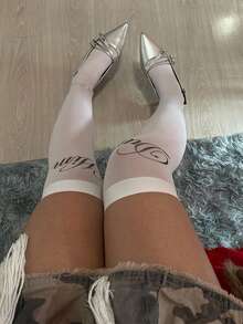 Y2K Street Style Handwritten Letter Print Sheer Thigh-High Socks, Side Contrast Color Line See-Through Over-The-Knee Socks, Suitable For High Heels And Mini Skirts - White - View 3