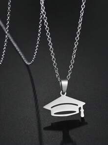 1pc New Stainless Steel Graduation Cap Pendant Necklace, Fashion Necklace For Men And Women, Graduation Gift - Silver - View 4
