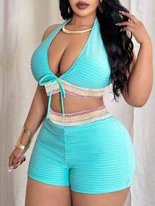2026 Nuevo Traje de Baño Sexy para Mujer Talla Grande de Alta Gama con Tela Especial, Acolchado Desmontable, Cuello Halter con Lazo, Escote - Multicolor - Ver 5