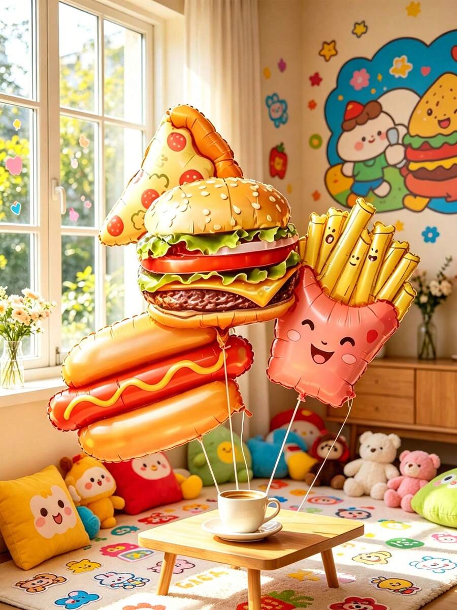 A Set Of 5 Balloons Featuring Burgers, Pizzas, Chips And Hot Dogs, Ideal For Birthday Parties, Picnics, Food-Themed Events, Children's Parties, Restaurant Photo Opportunities, Festive Decorations And Whimsical Party Decorations. - Food Balloons - View 1