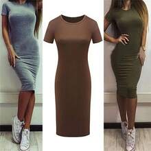 Vestido Sexy Ajustado de Verano para Mujer, Estilo Europeo y Americano, Cuello Redondo, Manga Corta, Color Sólido, Cintura Ajustada - Gris - Ver 2