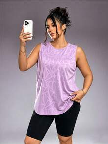 1pc Women Plus Size Casual Sports Tank Top, Round Neck With Curved Hem, Summer - Purple - View 5