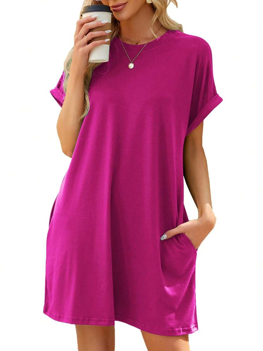 TEMOFON Women's Summer T-Shirt Dress, Short Sleeve, Loose Fit, With Pocket, Casual Dress, Fashionable Summer Dress, Solid Black, Size XL - 粉色 - 查看 1