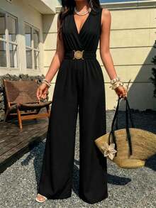 Summer Minimal Women's Wide Leg One Piece Jumpsuit,Gold Buckle Elastic Waist Sleeveless V-Neck For Wedding,Daily,Office,Weekend,Party,Beach,Vacations - Black - View 2