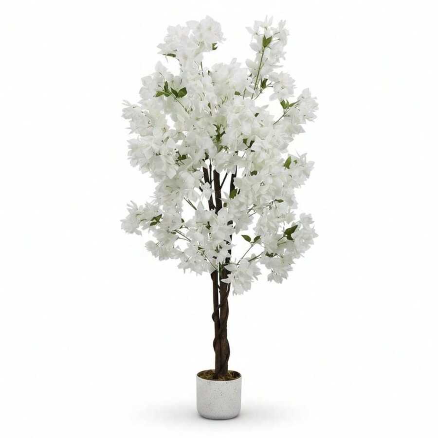 Artificial Cherry Blossom Tree for Home & Office – 4/5/6ft Realistic Faux Flower Plant, White or Pink Blooms, Decorative Potted Tree, Single Tree - weiß 150 cm - Übersicht 1